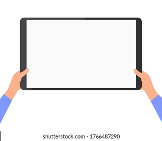 Hold the large tablet with both hands. Vector illustration, flat cartoon design isolated on white background, eps 10.