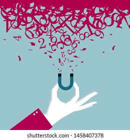 Hold the magnet in your hand and attract the numbers. Isolated on blue background.