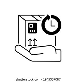 Halten Sie ein schwarzes lineares Icon. Paketreservierungszeit, Rücksendung von Fracht. Umrisssymbol des Postdienstes auf weißem Raum. Express-Paketzustellung. Hand, die eine Parzelle hält, einzelne Vektorgrafik