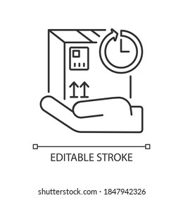 Hold mail linear icon. Parcel retaining time, returning cargo. Postal service thin line customizable illustration. Hand holding parcel contour symbol. Vector isolated outline drawing. Editable stroke