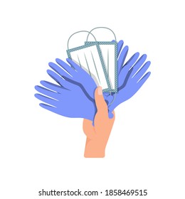 Hold medical masks and rubber gloves in hand. Concept: means of protection and prevention of coronavirus infection. Vector illustration, flat cartoon color design, isolated on white background, eps 10