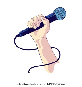 Hold microphone. Showman or singer symbol. Music and singing vector illustration