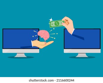 Hold money to buy your brain. thinking brain vector illustration