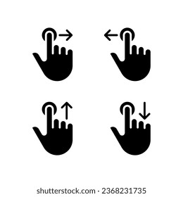 Hold and move black glyph icons set on white space. Long tap and draw. Touchscreen control gestures. Smartphone. Silhouette symbols. Solid pictogram pack. Vector isolated illustration