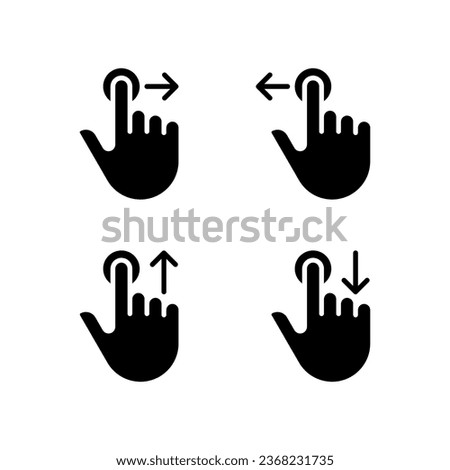 Hold and move black glyph icons set on white space. Long tap and draw. Touchscreen control gestures. Smartphone. Silhouette symbols. Solid pictogram pack. Vector isolated illustration