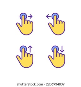 Hold and move pixel perfect yellow RGB color icons set. Long tap and draw. Touchscreen gestures. Smartphone. Isolated vector illustrations. Simple filled line drawings collection. Editable stroke