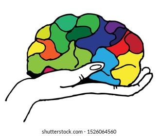hold multi-colored brain in hand, drawing on a white background, creativity, illustration