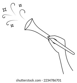 Hold a musical instrument in your hand. Sketch. Sound from the magic pipe. Trumpet of a Christmas angel. Vector illustration. Coloring book for children. Doodle style. Outline on isolated background. 