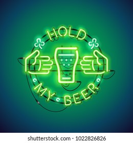 Hold my beer green glowing neon sign makes it quick and easy to customize your fun project. Each of object is named and placed in a symbol panel. Used neon vector brushes are included.