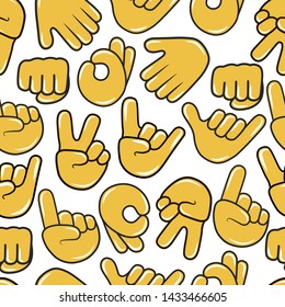 Hold, ok, rock, call me, pointing up and victory hand emoji seamless pattern. Chat emoticon icon background. Peace, okey, stop, metal gesture.