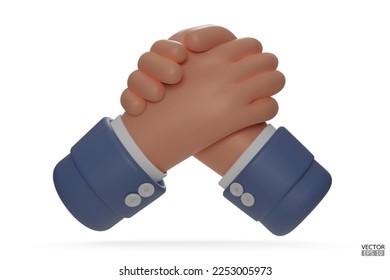 Hold one's hands cartoon icon design. Arm wrestling competition. Blue sleeve with Business handshake, shaking hands, successful deal, partners, Friendship, cooperation concept. 3D vector illustration.