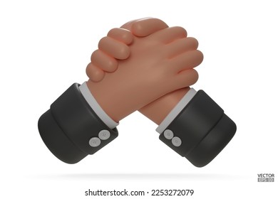 Hold one's hands cartoon icon design. Arm wrestling competition. Black sleeve with Business handshake, shaking hands, successful deal, partners, Friendship, cooperation concept. 3D vector illustration