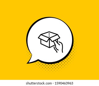 Hold open box line icon. Comic speech bubble. Delivery parcel sign. Cargo package symbol. Yellow background with chat bubble. Hold box icon. Colorful banner. Vector
