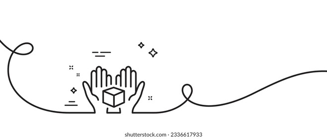 Mantener el icono de la línea de la caja abierta. Una línea continua con curl. Señal de paquete de entrega. Símbolo del paquete de carga. Casilla de sujeción de una cinta de contorno simple. Patrón de curva de bucle. Vector