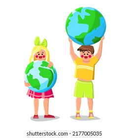 hold planet kid vector. earth globe, world environment, ecology global save hold planet kid character. people flat cartoon illustration