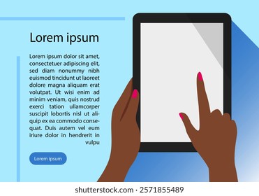 African Hands Hold Tablet and pointing to the screen with text. Technology concept. Vector illustration