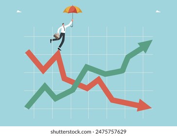 Hold positions during downturn in market activity, look into future to plan further actions, search for strategy for company operation during economic instability, man with umbrella on arrows on graph