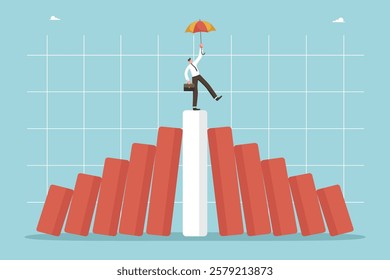 Hold positions during downturn in market activity, strategy for further action during the economic crisis, doing business during economic instability, man with umbrella stays on top of falling chart.