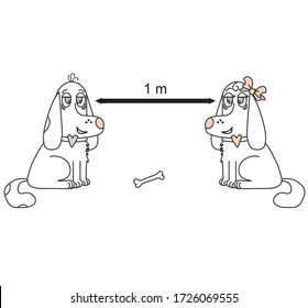 Hold the remote sign with white dogs. He and she. Coronovirus epidemiological protection. Warning and protection. Keep a distance of 1 meter. Vector illustration