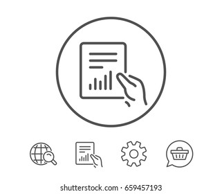 Hold Report document line icon. Analysis Chart or Sales growth sign. Statistics data symbol. Hold Report, Service and Global search line signs. Shopping cart icon. Editable stroke. Vector