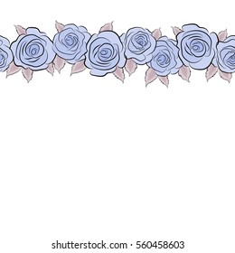 Hold rose flower. Horizontal rose texture vector Illustration. Abstract seamless pattern with stylized neutral and blue rose flowers and copy space (place for your text).