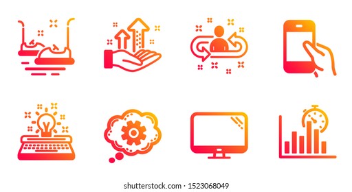 Hold smartphone, Analysis graph and Computer line icons set. Bumper cars, Typewriter and Cogwheel signs. Recruitment, Report timer symbols. Phone call, Targeting chart. Technology set. Vector