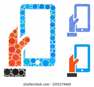 Hold smartphone composition of filled circles in different sizes and color tinges, based on hold smartphone icon. Vector filled circles are grouped into blue collage.