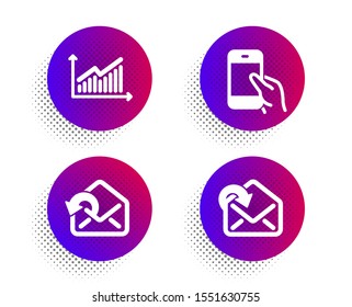 Hold smartphone, Graph and Send mail icons simple set. Halftone dots button. Receive mail sign. Phone call, Presentation diagram, Sent message. Incoming message. Technology set. Vector