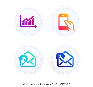 Hold smartphone, Graph and Send mail icons simple set. Button with halftone dots. Receive mail sign. Phone call, Presentation diagram, Sent message. Incoming message. Technology set. Vector
