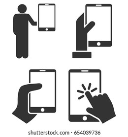 Hold Smartphone With Hand vector icon set. Collection style is gray flat symbols on a white background.