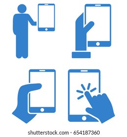 Hold Smartphone With Hand vector icon collection. Collection style is cobalt flat symbols on a white background.