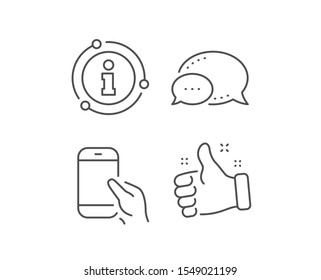 Hold Smartphone icon. Chat bubble, info sign elements. Give Cellphone or Phone sign. Ð¡ommunication Mobile device symbol. Linear hold Smartphone outline icon. Information bubble. Vector