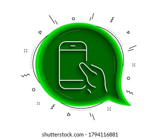 Hold Smartphone icon. Chat bubble with shadow. Give Cellphone or Phone sign. Ð¡ommunication Mobile device symbol. Thin line hold Smartphone icon. Vector