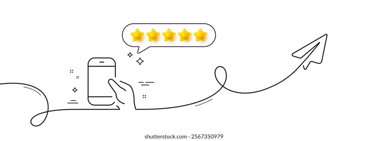Hold Smartphone icon. Continuous line with share plane. Give Cellphone or Phone sign. Communication Mobile device symbol. Five star rate review in speech bubble. Vector