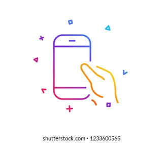 Hold Smartphone icon. Give Cellphone or Phone sign. Communication Mobile device symbol. Gradient line button. Hold Smartphone icon design. Colorful geometric shapes. Vector