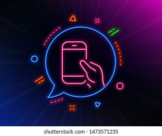 Hold Smartphone icon. Neon laser lights. Give Cellphone or Phone sign. Communication Mobile device symbol. Glow laser speech bubble. Neon lights chat bubble. Vector