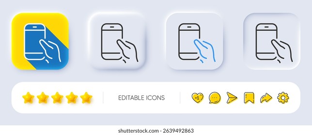 Hold Smartphone icon. Neumorphic, Flat shadow, 3d buttons. Give Cellphone or Phone sign. Communication Mobile device symbol. Line hold Smartphone icon. Social media icons. Vector