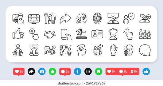 Hold smartphone, Like hand and Electronic thermometer line icons pack. Social media: share, comment, like icons. Interview job, Job interview, Work home web icon. Vector