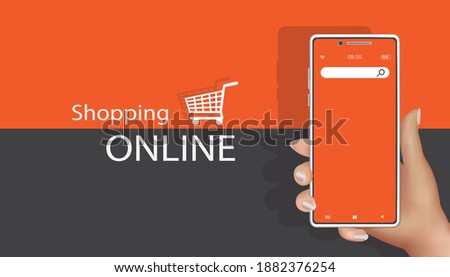 Hold a smartphone on an orange background for shopping online concept design,Shopping template on mobile app