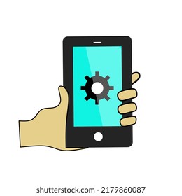 Hold Smartphone setting icon, Cellphone, handphone icon with settings sign. Smartphone icon and customize, setup, manage, process symbol. Vector