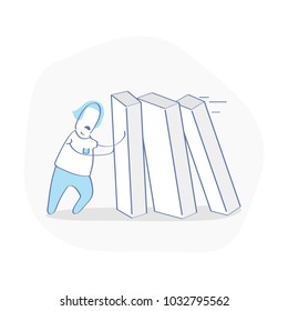 Hold the system from falling, crisis management. Cute cartoon guy trying to stop falling domino. Keep the situation under control, under the pressure of problems metaphor vector icon concept.