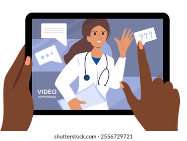 African Hands Hold Tablet and pointing to the screen with doctor. Video call. Specialist communicates with patient of online. Technology concept. Vector illustration.