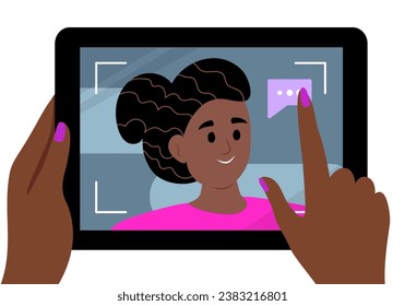 African Hands Hold Tablet and pointing to the screen with the girl. Video call. Technology concept. Vector illustration