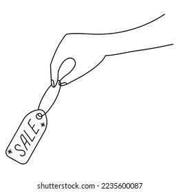 Hold a tag with the inscription SALE in the palm of your hand. Holiday discounts. Sketch. Grab the thread from the tag with your fingers. Tag decorated with snowflakes. Vector illustration. 