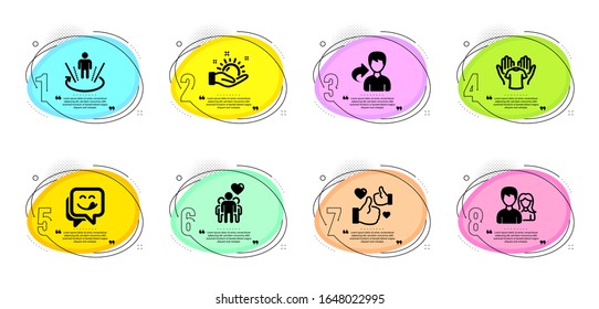 Hold t-shirt, Augmented reality and Share signs. Timeline infographic. Yummy smile, Like and Sunny weather line icons set. Friendship, Teamwork symbols. Emoticon, Thumbs up. People set. Vector
