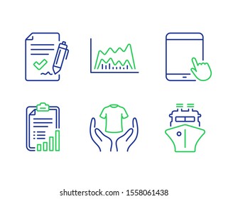 Hold t-shirt, Checklist and Tablet pc line icons set. Approved agreement, Trade chart and Ship signs. Laundry shirt, Graph report, Touchscreen gadget. Signature document. Business set. Vector