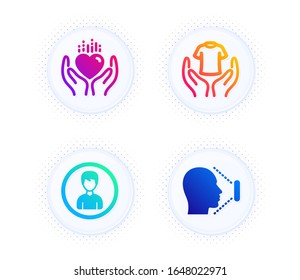 Hold T-shirt, Hold Heart And Person Icons Simple Set. Button With Halftone Dots. Face Id Sign. Laundry Shirt, Care Love, Edit Profile. Identification System. People Set. Vector