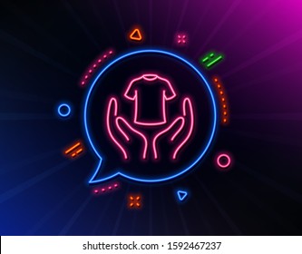 Hold t-shirt line icon. Neon laser lights. Laundry shirt sign. Clothing cleaner symbol. Glow laser speech bubble. Neon lights chat bubble. Banner badge with hold t-shirt icon. Vector