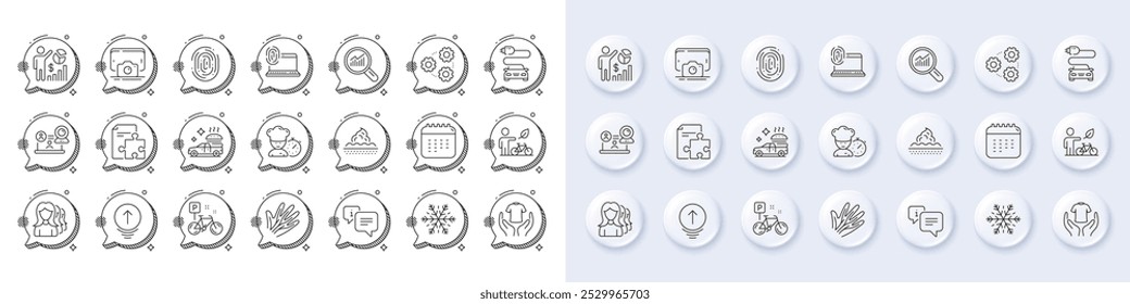 Sostenga la camiseta, deslice hacia arriba y los iconos de la línea de huellas dactilares de la computadora. Botones 3d de pin blanco, iconos de burbujas de chat. Paquete de estrategia, análisis de datos, icono de entrega de alimentos. Vector