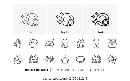 Hold t-shirt, Wash t-shirt and Clean bubbles line icons. Pack of Grill pan, Glass, Dishes icon. Wash hands, Clean towel, Hand sanitizer pictogram. Dishwasher, Sponge, Dont touch. Laundry shirt. Vector